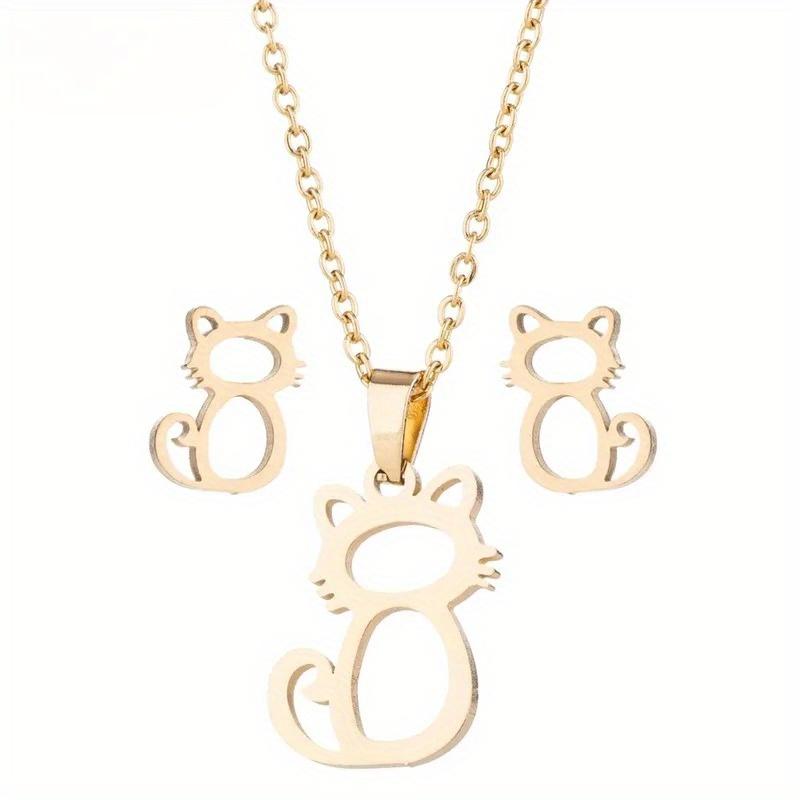 Cute Golden Cat Jewelry Set Necklace, Men's Collar Fashion Hollow Cat Earrings Necklace Claw Jewelry