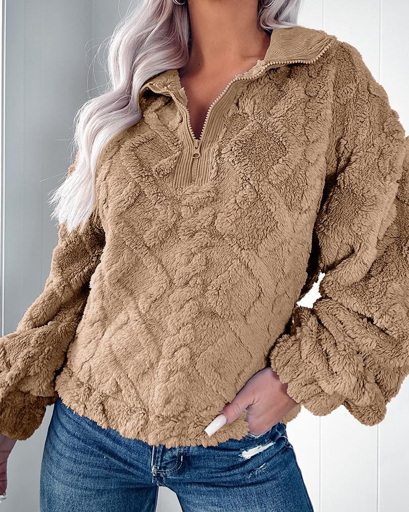 Autumn Winter Casual Loose Plush Pullover Shirt with Lapel and Long Sleeves