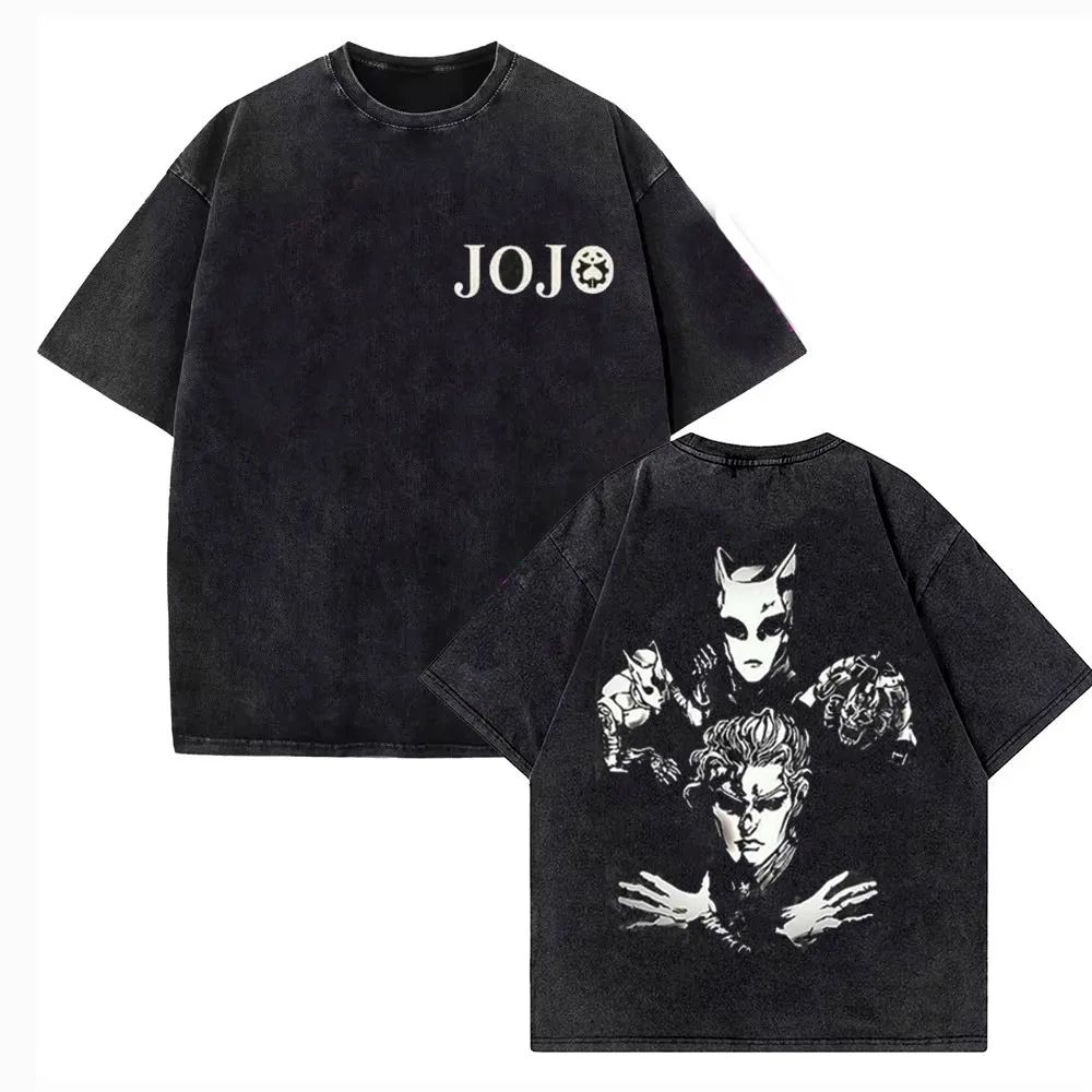 Vintage Washed TShirt JoJo Bizarre Adventure Gyro Zeppeli Streetwear T-shirt Anime Print Casual Loose Short Sleeve Tshirt