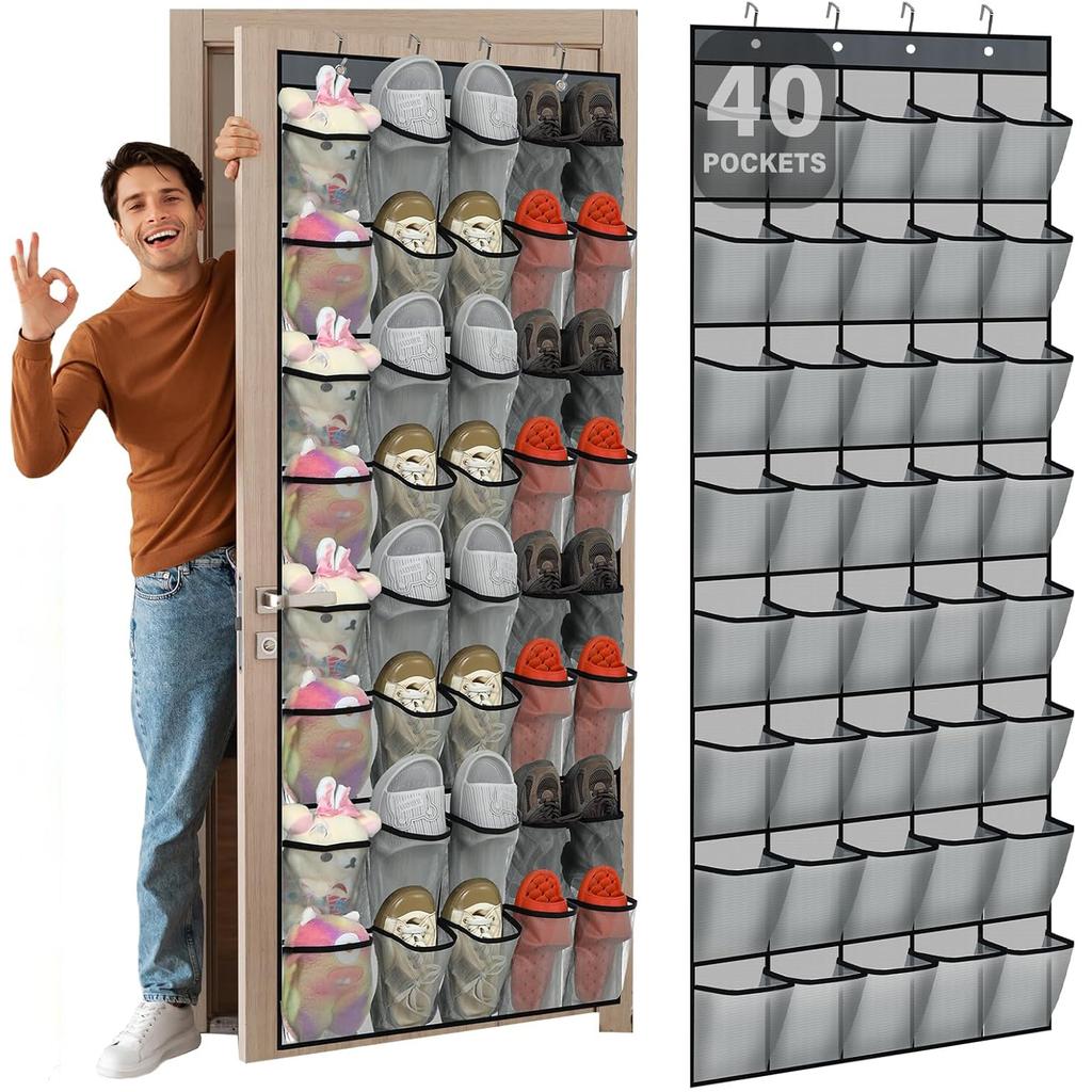 Over the Door Shoe Organizer with 40 Large Breathable Mesh Pockets, Space Saving Shoe Holder, Hanging Shoe Rack for Entryway Bedroom Closet Storage