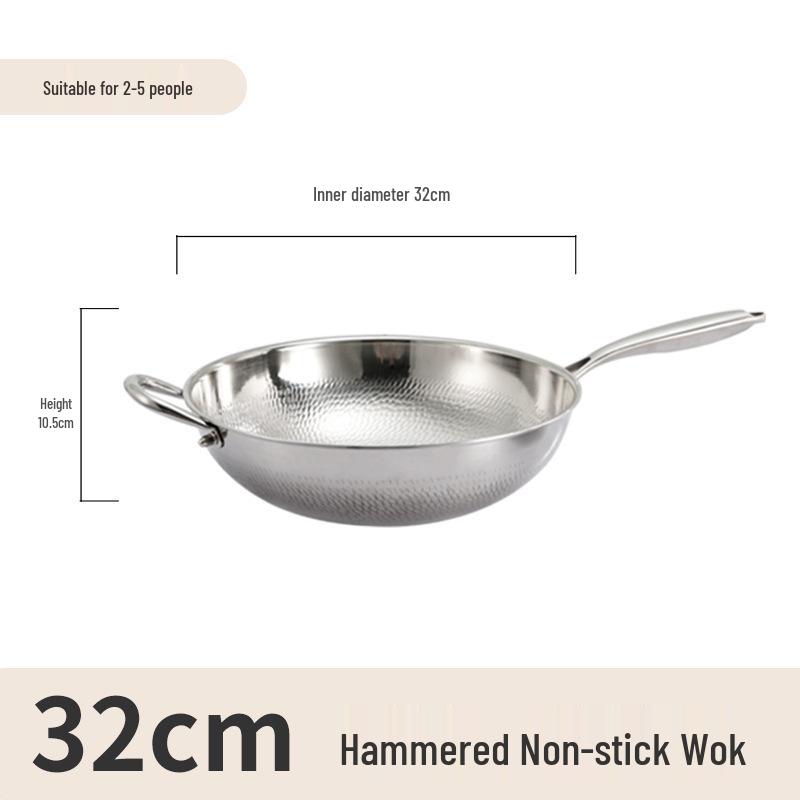 Non-stick 304 Stainless Steel Hammered Wok for Gas and Induction Cooktops