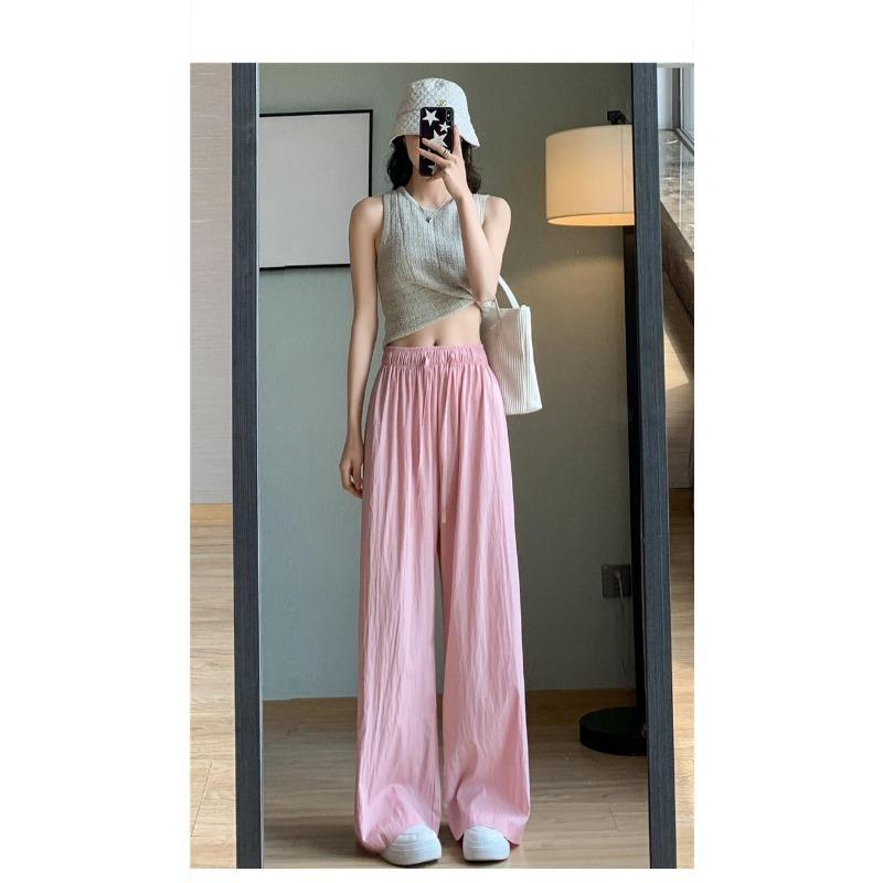 Spring Autumn Loose Casual Solid Elastic Waist Straight Pants Women Draped Flods All-match Wide Leg Trousers