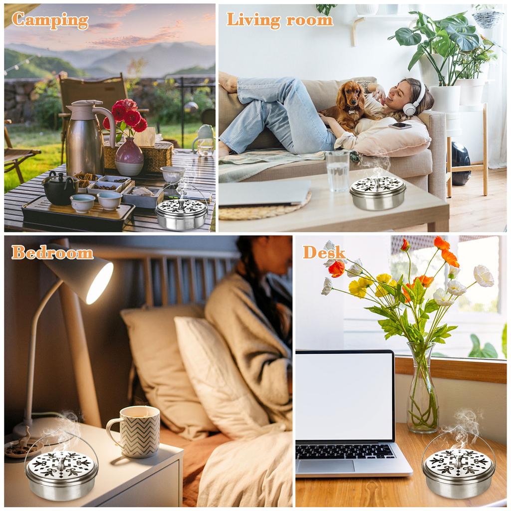 4 Pieces Mosquito Coil Holder Portable Mosquito Incense Holder With Handle Round Metal Sandalwood Holder For Home Camping