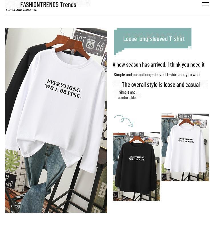 T-shirt ample à manches longues en pur coton pour femme - Nouveau pour Printemps/Automne 2024, Design amincissant couvrant le ventre