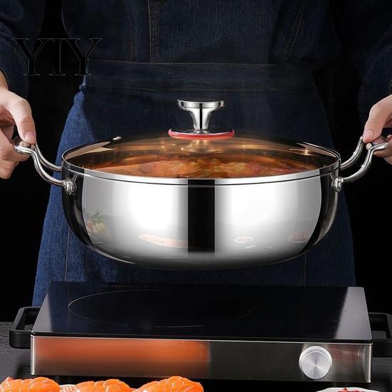 Durable Thickened Metal Soup Pot Stainless Steel with Transparent Glass Lid, Heat-Insulated Family Size Large Capacity Double Handles Stewing