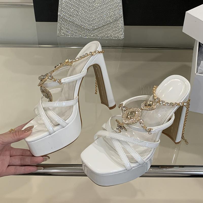 Fashion Liyke Runway Fashion Rhinestone Chain Ankle Strap Gold Sandal Women Elegant Square Toe Platform High Heels Wedding Banquet Shoes