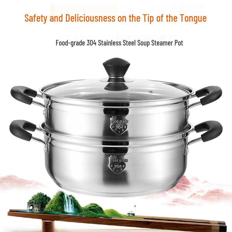 304 Stainless Steel Steamer: 1-Tier/2-Tier Thickened Pot, Single/Double-Layer, Induction-Compatible, Multi-Purpose for Steaming and Boiling.