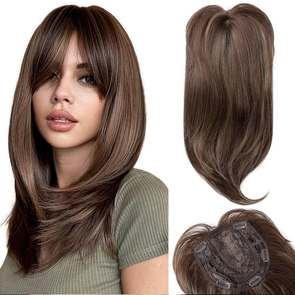Gradient Long Straight Hair Topper with Side Bangs - Invisible Seamless Synthetic Hairpiece for Covering Gray Hair