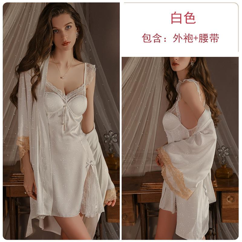 Silky fine flash satin deep V plus chest pad pure desire backless suspender nightdress robe loungewear set