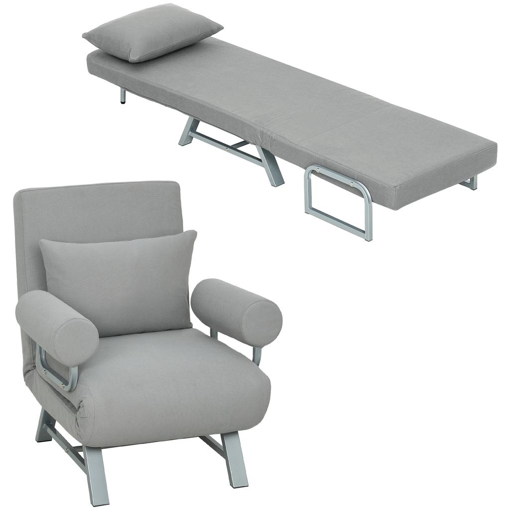 Convertible Armchair, 1-Seater, Folding Armchair-Bed, Linen, Adjustable Backrest, Pillow, Light Gray
