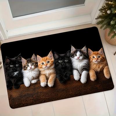 1pc Cute Healing Row of Kittens Printed Flannel Mat Entrance Door Mat Hallway Anti-Slip Foot Mat Bathroom Toilet Absorbent Pad Bedroom Bedside Carpet