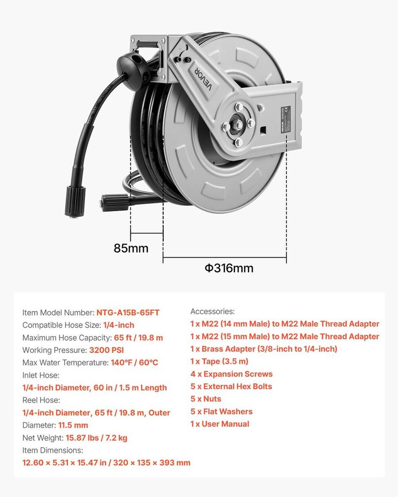 Pressure Washer Hose Reel, 19.8 M X 6.4 Mm Retractable Power Heavy-Duty Steel Washer Hose Reel, 3200PSI Max, Auto-Rewinding, Flexible Wall/Floor