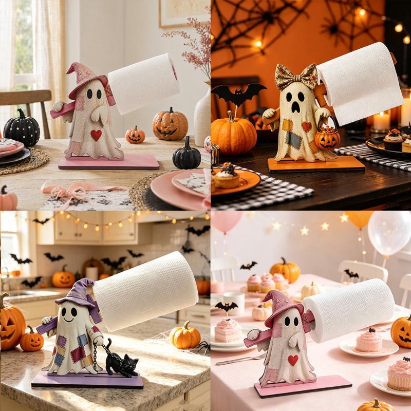 1Pcs Vintage Pumpkin Ghost Cat Kitchen Decor Accessories Towel Holder Stand Wooden Halloween Paper Towel Rack For Home