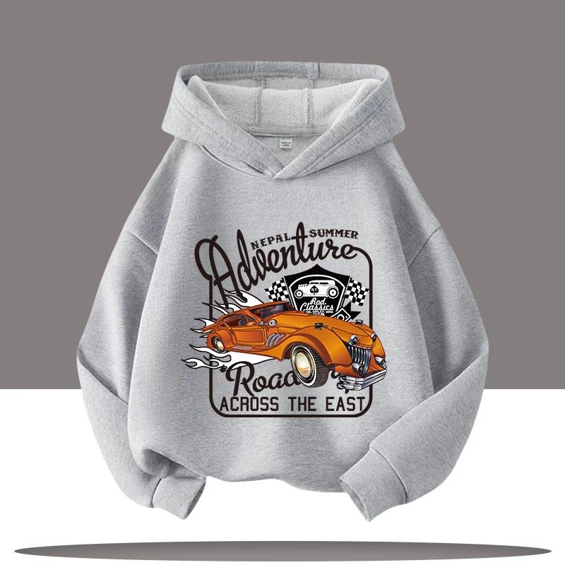 2025 New Vintage Car Children's Hooded Sweatshirt with Cartoon Print, Boys' Sportswear, Girls' Casual Top, Fall-winter Clothing