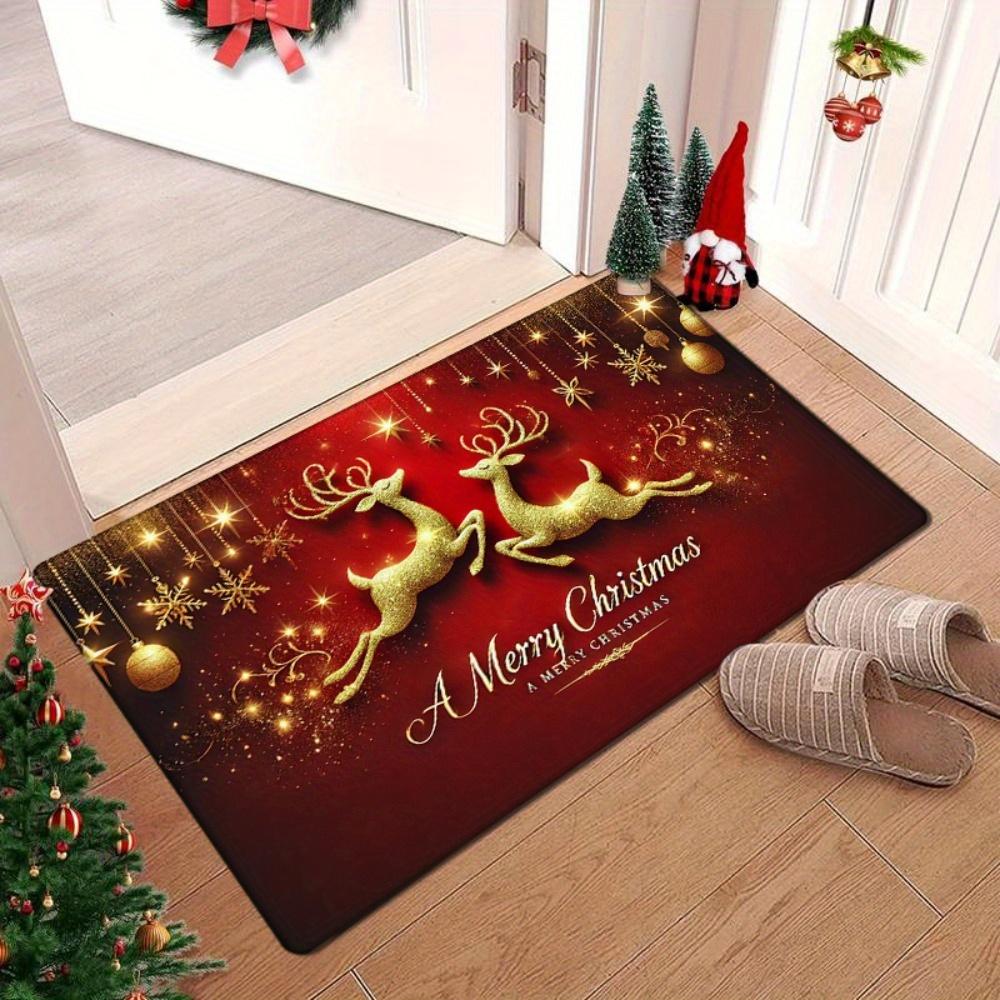 

Christmas Golden Reindeer Print Doormat, Red Background Flannel Non-Slip Machine Washable Rug for Multi-Room Holiday Decor 40x60cm