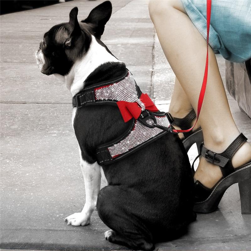 Bling Rhinestone Dog Harness Reflective Small Dog Harness With Cute Bowknot Mesh Nylon Puppy Cat Vest Adjustable For Dogs Pug