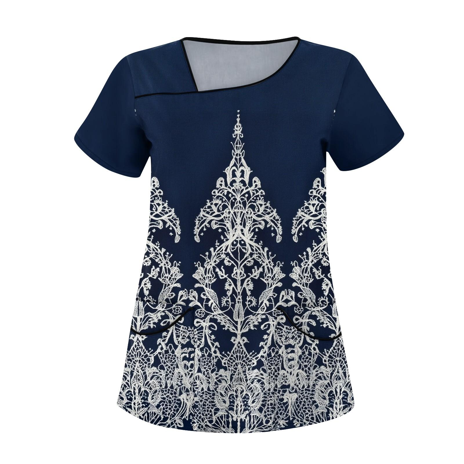 

Женская повседневная рабочая одежда с короткими рукавами и наклонным воротником с принтом и двойными карманами XXXL тёмно-синий