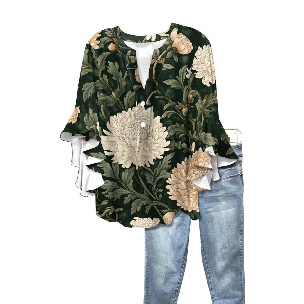 Letnie damskie topy z dekoltem w serek i rękawem trzy czwarte, koszule w stylu vintage z kwiatowym nadrukiem, codzienne koszule
