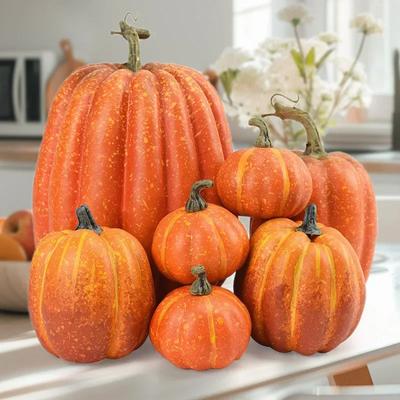 7Pcs Artificial Pumpkin Decor Set White Yellow Faux Pumpkins for Fall Harvest Halloween Home Table Decoration