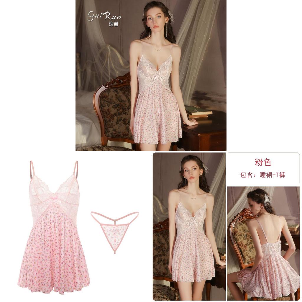 Lightweight Polyester Sleep Dress With Vneck And Sheer Mesh For Women