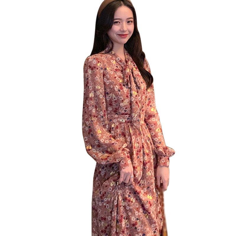 

Весенне-осеннее платье с длинным рукавом, нежное, свободное, миди, цветочное, шифоновое, с бантом на груди для леди XL