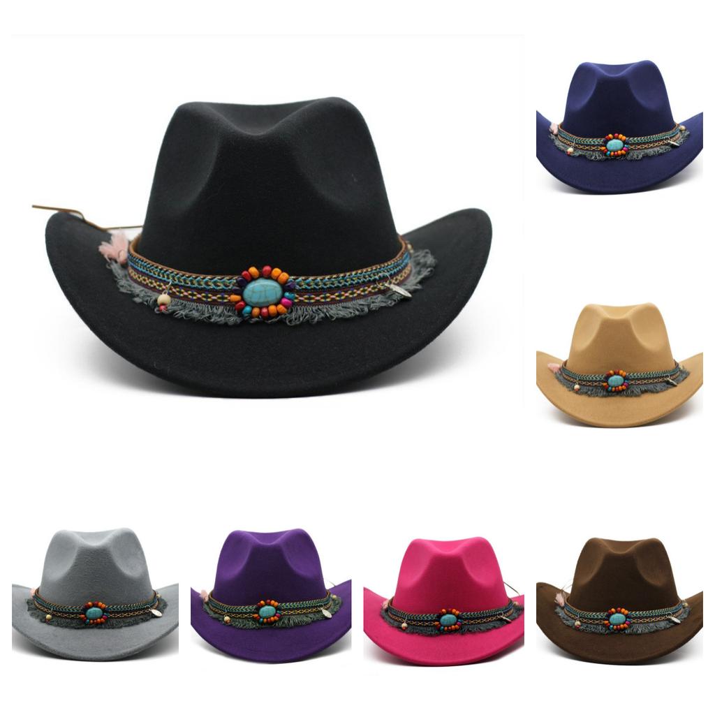 Jewel Ethnic Style Cowboy Hat, Crimped Felt Hat, Western Hat, Outdoor Riding Hat, Men's and Women's Cowboy Hats