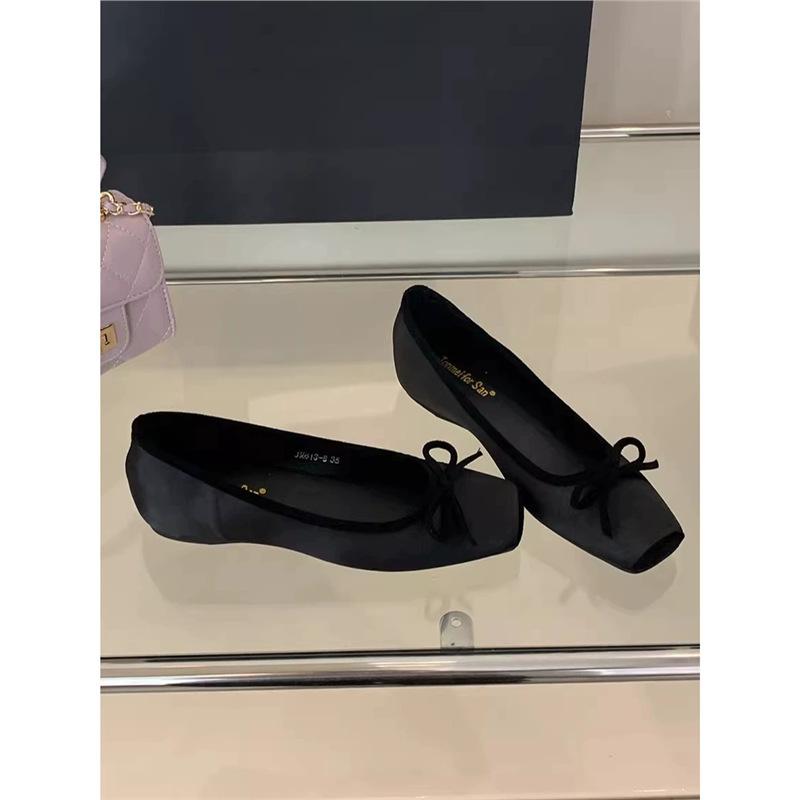 

Sheepskin version! French satin bow evening wind single shoes inner gentle ballet shoes soft sole Mary Jane shoes women 39 чёрный