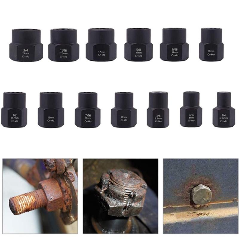 13Piece Multifunctional Impact Bolt Nut Remover Set Nut Extractor Socket Bolt Remover Tool with Storage Box 6.35-19mm