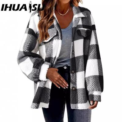 Women's Vintage Casual Lattice Print Autumn Winter Long Sleeve POLO Neck Jackets & Coats