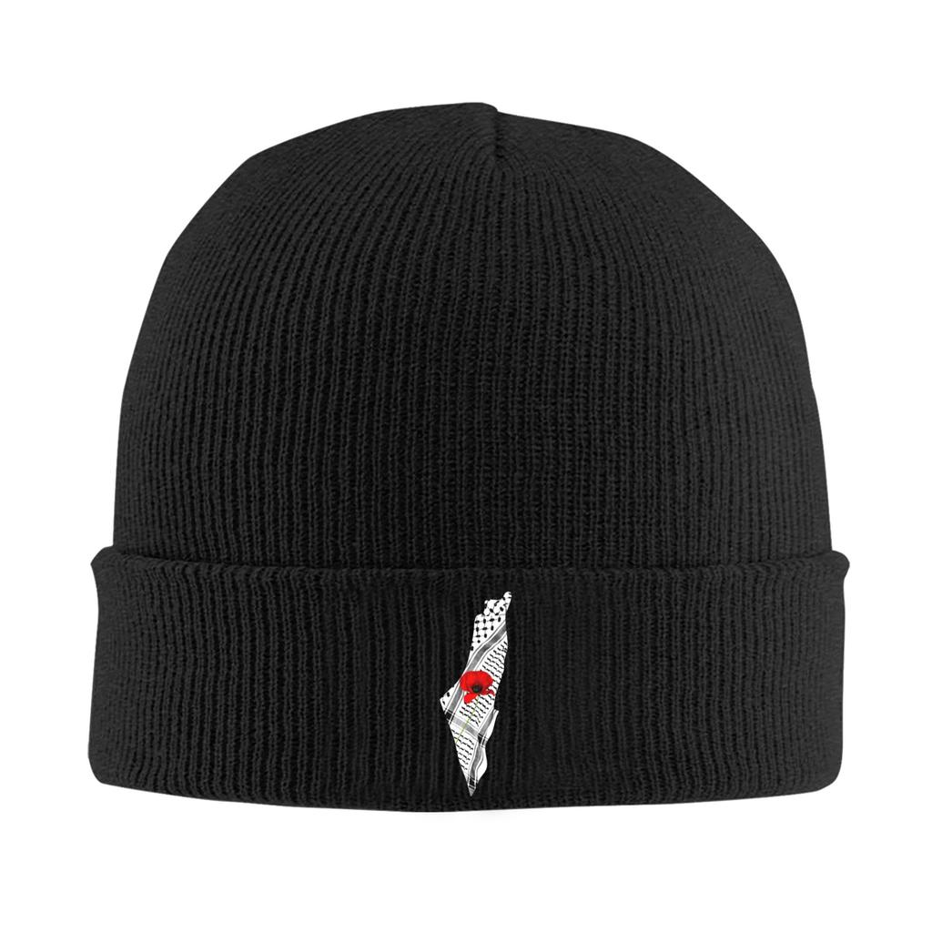 Palestine Map Keffiyeh and Poppy Knitted Hat Retro Caps Men Women Outdoor Sport Beanie Hats Winter Thermal Elastic Bonnet Hats