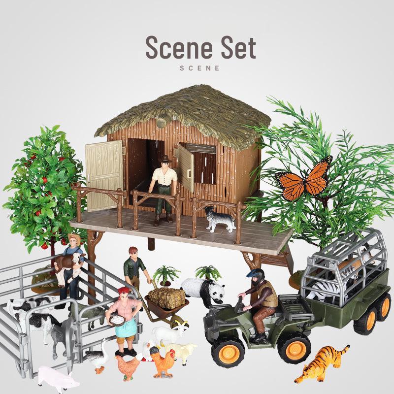Thatched Cottage Farm Scene Model: Horse Washing, Poultry Ranch, Sandbox Scenery Ornament