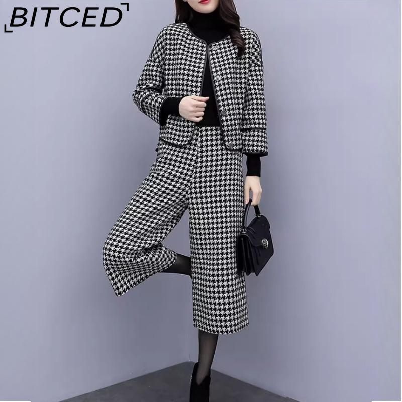

BITCED Женский осенне-зимний костюм-двойка, брюки, клетчатое шерстяное пальто, широкие брюки, повседневный и модный женский комплект XXXL
