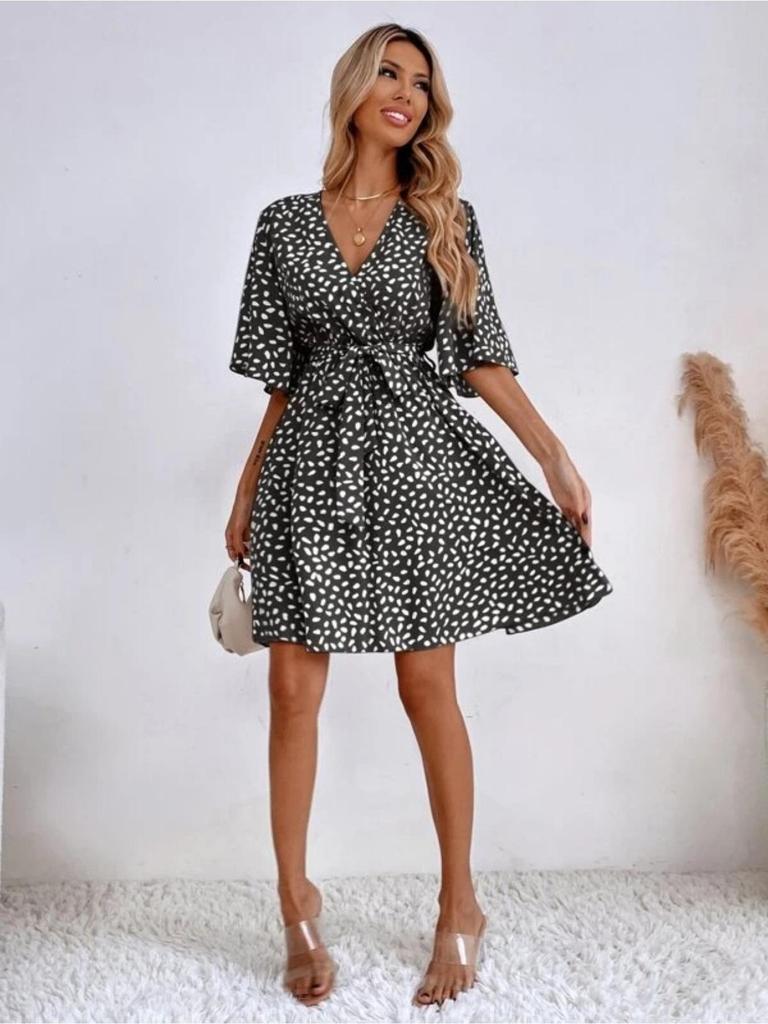 V Neck Printingt Dress Waist Hugging Dress Elegant Short Sleeve Dresses Causal Women Dress