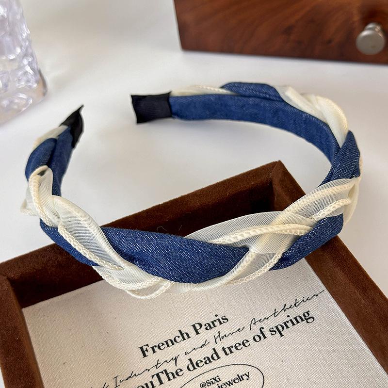New Retro Braided Twist Headbands Fashion Denim Panelled Mesh Yarn Hair Hoop for  Woman Girl Elegant Hair Band Hair Accessories