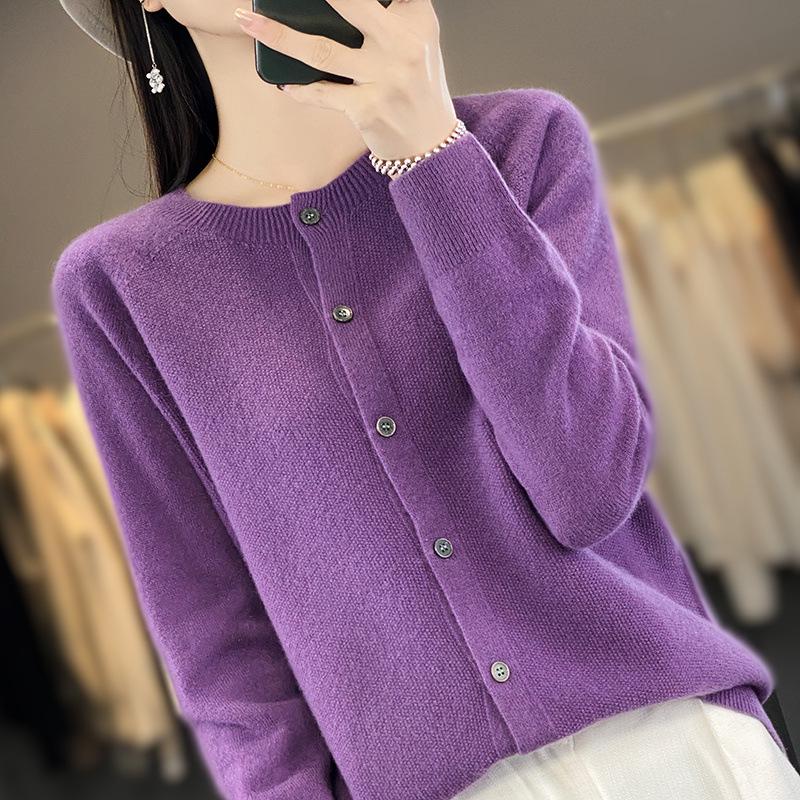Korean Style Loose Wool Cardigan for Women - 100% Pure Wool, Fine Knit, Round Neck Sweater