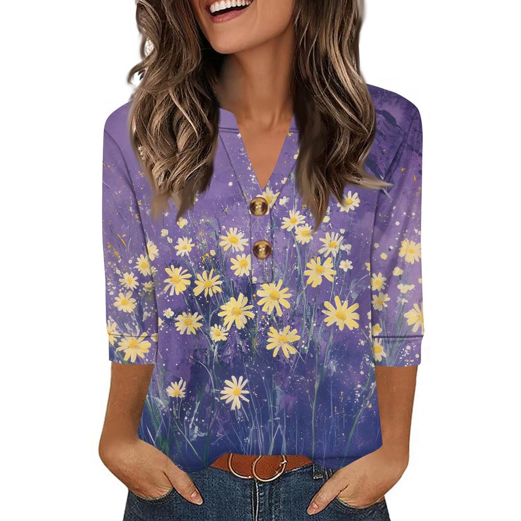 Ladies' Fashionable And Casual Floral Printed Three-quarter Sleeve Loose V-neck Button Shirt