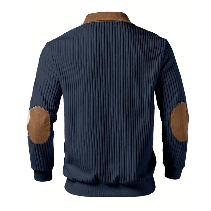 Men Quarter Zip Shirt Long Sleeve Turndown Collar Pullover Color Block Jacquard Sweatshirt with Elbow Patches for Daily Wear