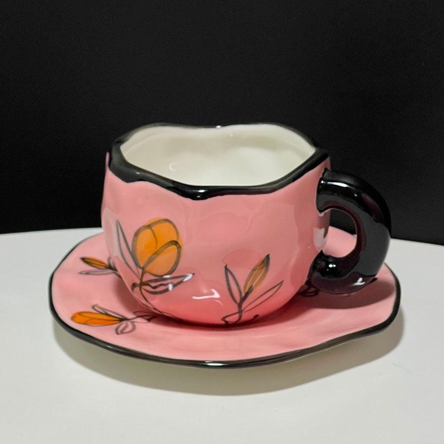 High-Value Hand-Pinched Irregular Underglaze Color Hand-Painted Flower Love Ceramic Coffee Cup Saucer Exquisite Afternoon Tea Cup Saucer