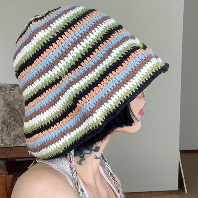 Summer Fisherman Hat for Woman Weaving Bucket Hat Crochet Stripe Pattern Cap