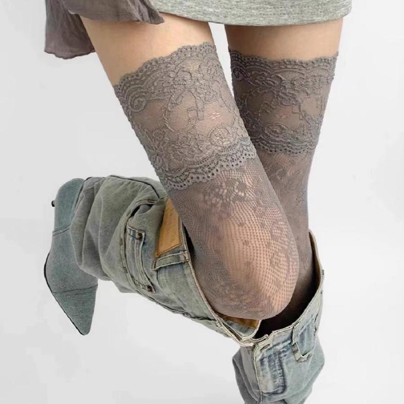 New Women Flower Lace Fishnet Thigh High Stockings Japanese Style JK Girl Sweet Lace Trim Frilly Over Knee Long Socks