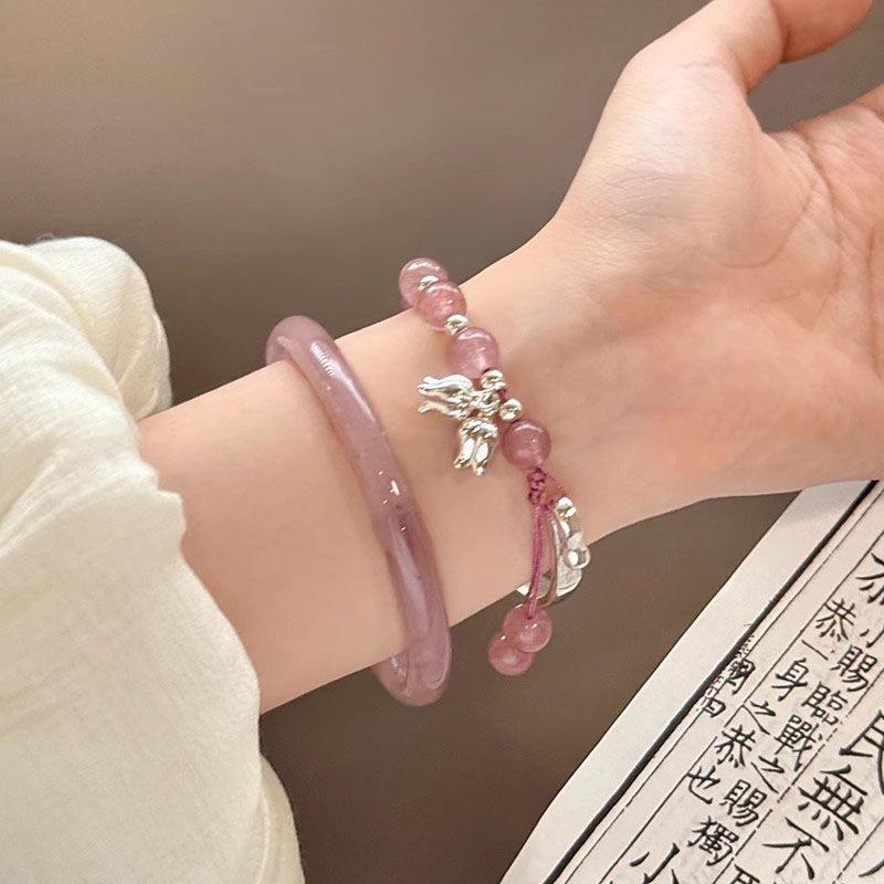 High-End Chinese Style Strawberry Crystal & Cat's Eye Beaded Bracelet for Hanfu