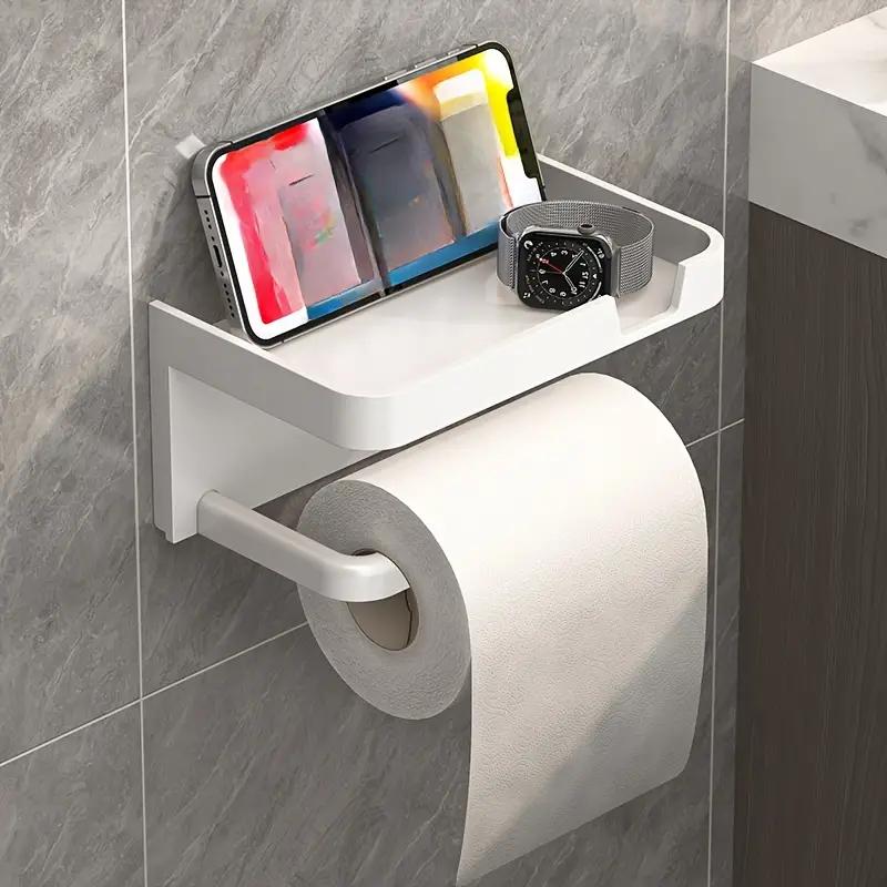 1 Pack Wall-Mounted No-Drill Toilet Paper Holder with Shelf and Phone Holder, Polypropylene Material, Bathroom Tissue Roll Dispe