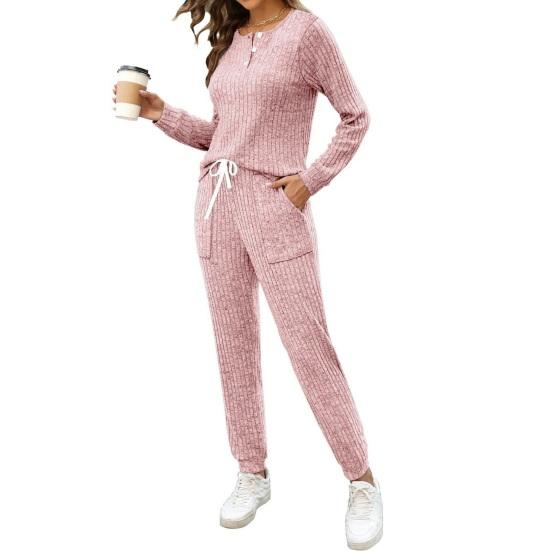 Women's Ribbed Knit Outfits 2 Piece Long Sleeve Pajama Set Fall Casual Sweatshirt And Joggers Lounge Set