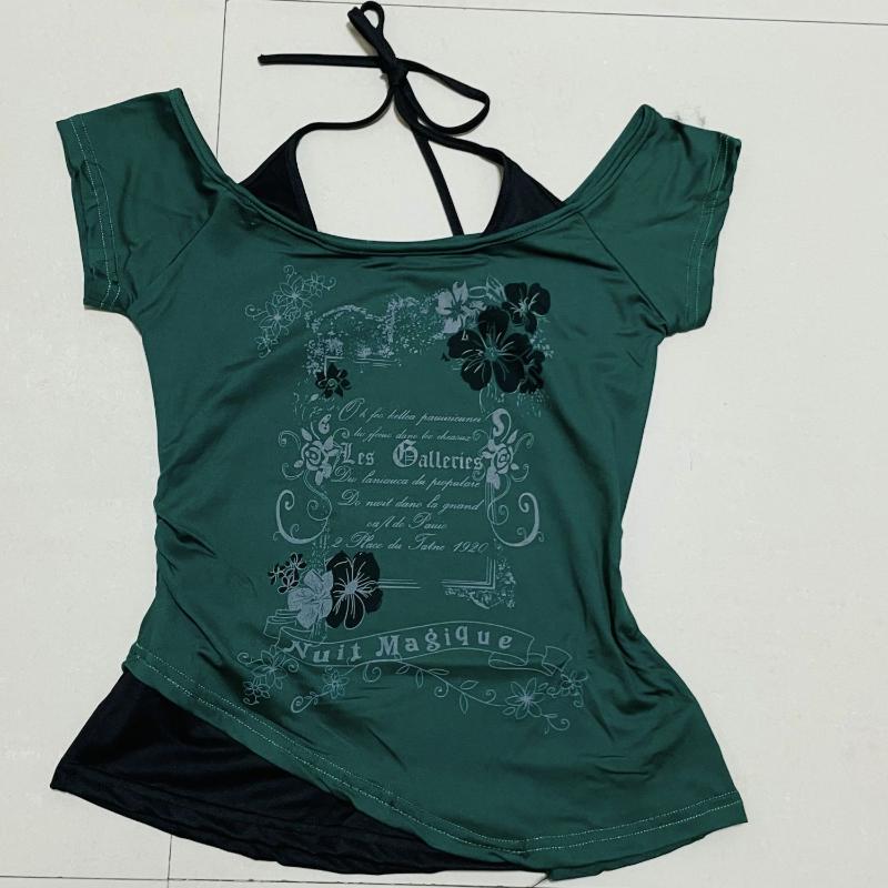 

Американская винтажная поддельная футболка из двух частей с открытыми плечами женская футболка Y2k с коротким рукавом женская летняя дизайнерская повседневная короткая футболка L бутылочная зеленый