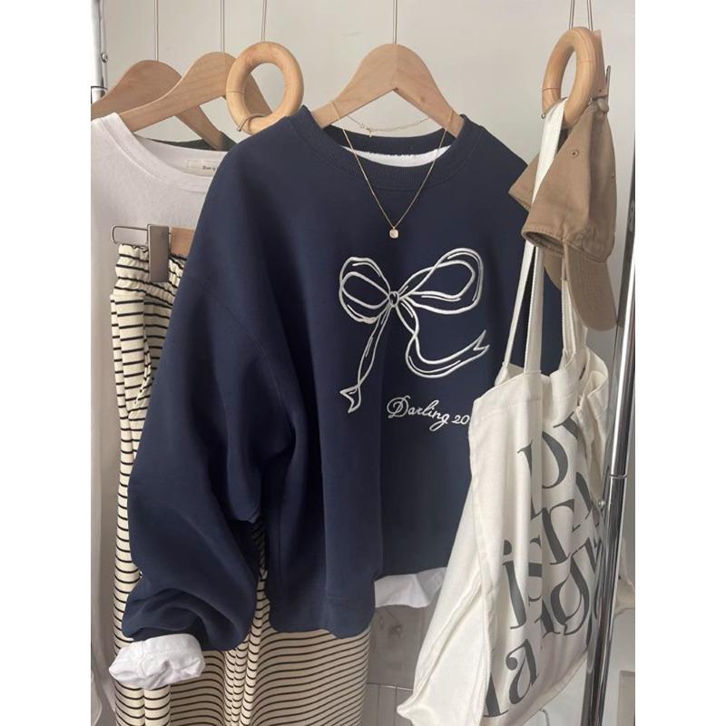 Huamian real shot vze crew neck sweater women's season loose bow embroidered top