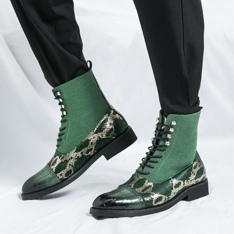 Men Green Leather Boots New British Style High Top Fashion Work Boots Outdoor Street Fashion Chelsea Men Shoes Comfortable Short