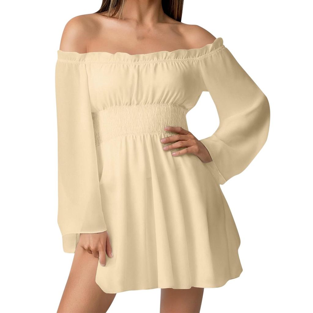 Women's Fashion Off-Shoulder Tie-Detail Pleated Long-Sleeve Fitted -Color Short Dress