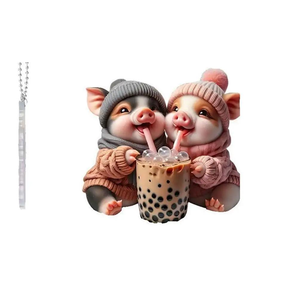 Süßes Rosa Schwein Auto Spiegel Hängendes Zubehör Lustiger Acryl Schweinchen Anhänger Für Rückspiegel Kawaii Tier Schlüsselanhänger & Tasche Cha E1R6