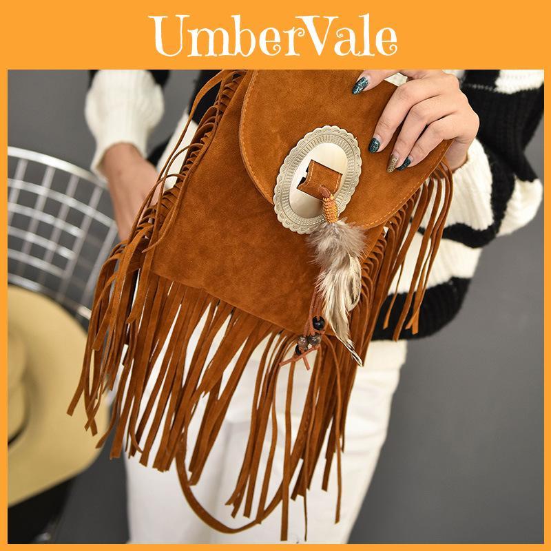 Bohemian Style Pu Small Shoulder Bag With Feather Tassel For Casual Travel Women