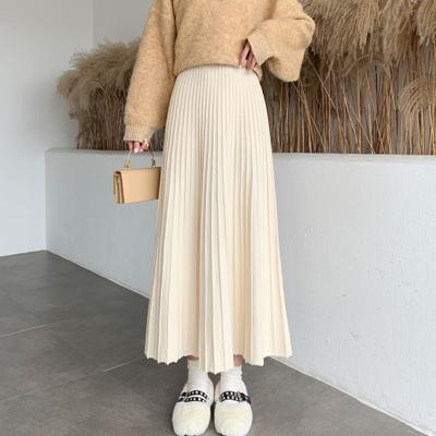 Women Knitting Skirt High Waist Solid Color A-Line Skirt Loose Fit Pleated Skirt